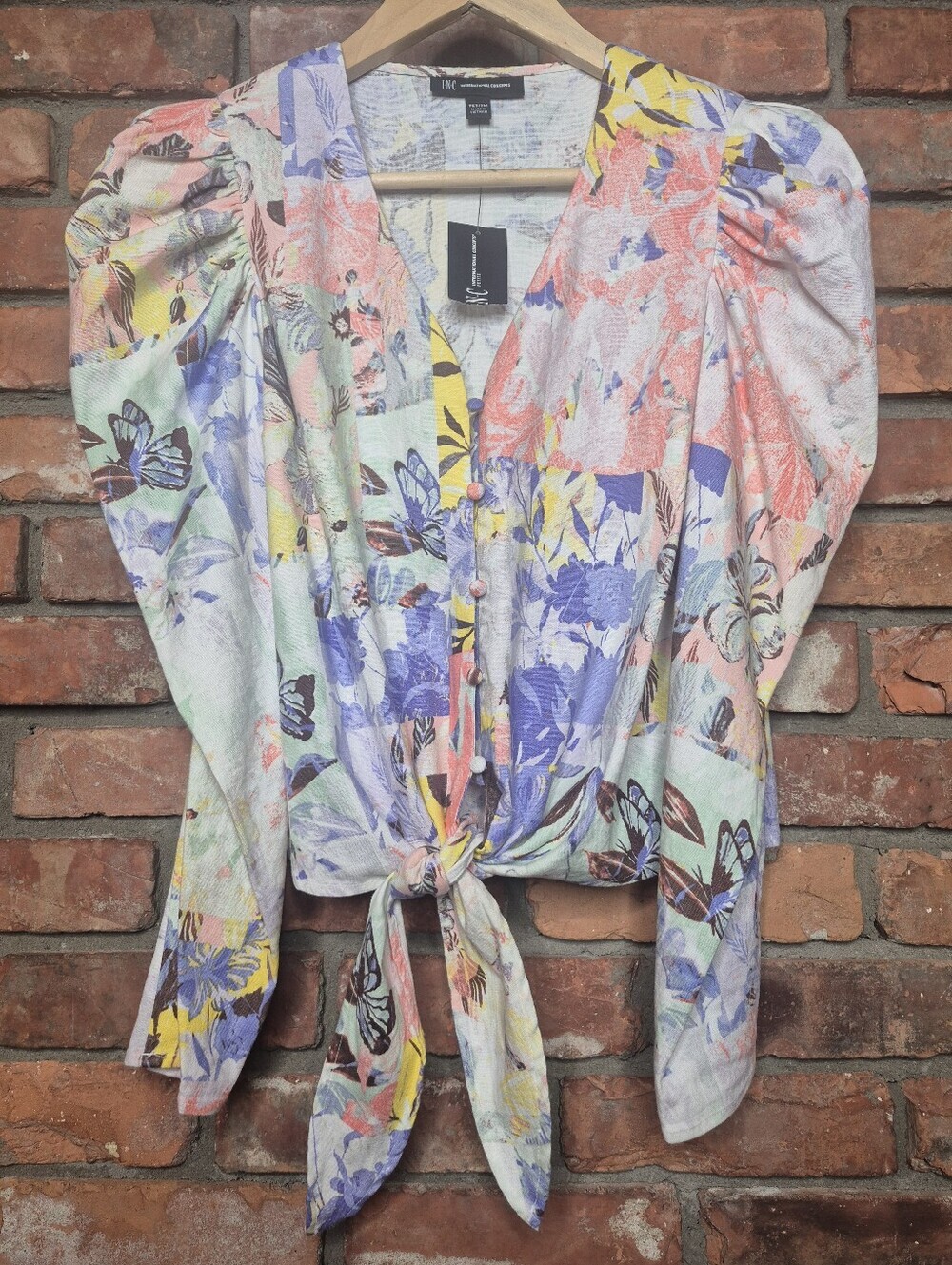 INC International Concepts NWT Linen Blend Tie Front Floral Butterfly Blouse